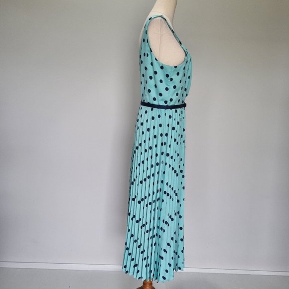 Review Deepwater Blue Pleated Polka Dot Midi Dress with Belt Size 16 - Picture 3 of 9
